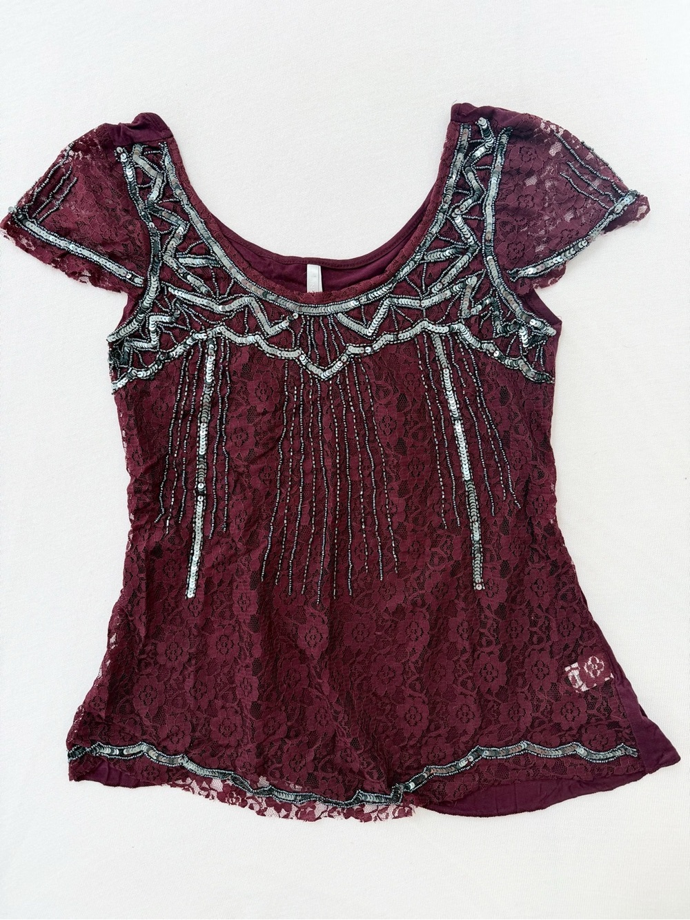 Beaded Sequin Lace Flutter Sleeve Blouse By Vanity — Dark Romantic Size Small